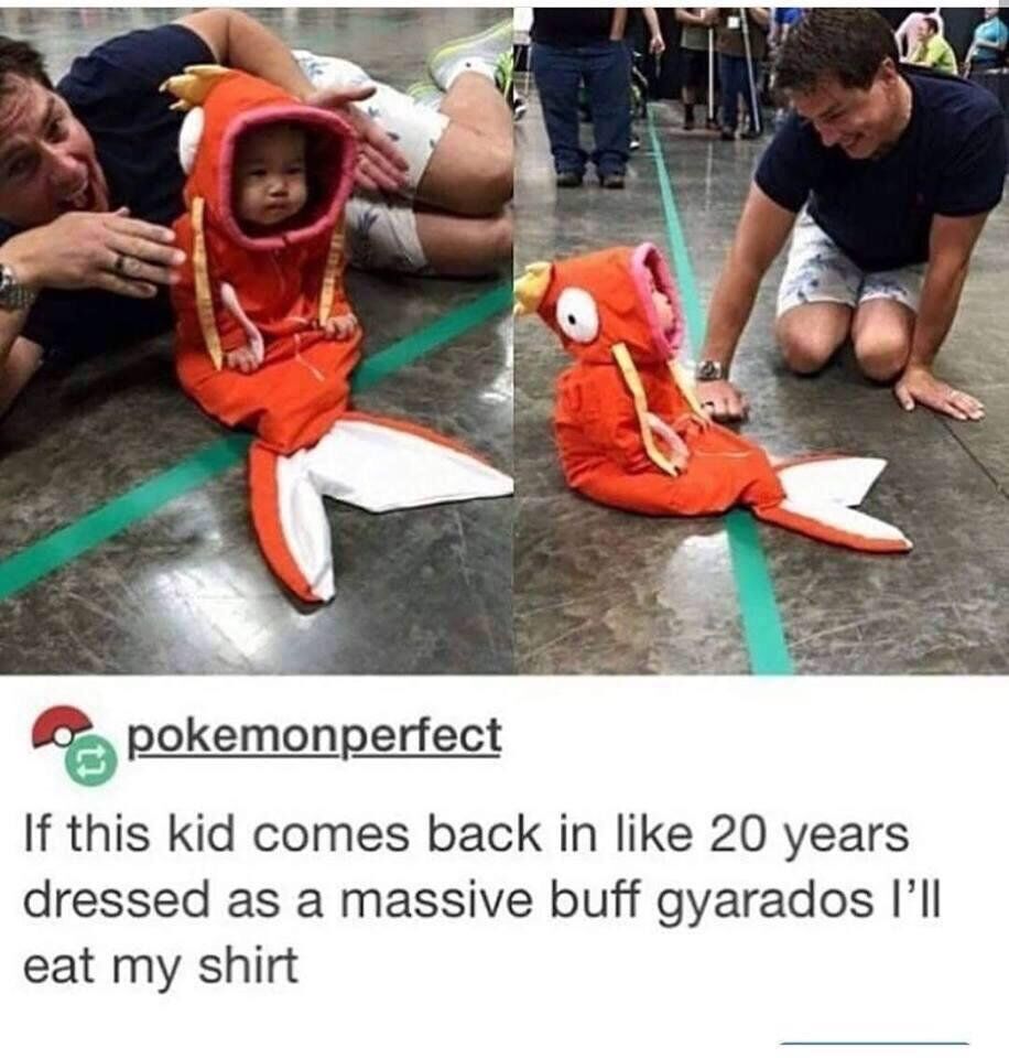 This is a two-panel collage meme. In the left panel, a toddler in an orange Magikarp (Pokémon) costume sits on the floor with an unimpressed expression, while an adult man lies beside them, gesturing excitedly. In the right panel, the toddler pulls the costume's hood over their face, making it appear as the open mouth of a Magikarp, with the same adult man kneeling and leaning toward them. Below the panels is a social media post from the account 'pokemonperfect' with the humorous text: 'If this kid comes back in like 20 years dressed as a massive buff gyarados I’ll eat my shirt'. The joke references the iconic Pokémon evolution line, where the weak Magikarp evolves into the large, powerful Gyarados, making a playful, bold prediction about the child's future cosplay.