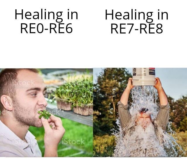 This meme humorously contrasts the healing mechanics between two eras of the Resident Evil video game franchise. On the left, paired with the caption "Healing in RE0-RE6", a stock photo shows a man eating a small green herb—directly referencing the iconic, tactical herb-based healing system from early Resident Evil games, where players collect, combine, and use herbs to restore health in a resource-managed way. On the right, under "Healing in RE7-RE8", another stock photo depicts a person dumping a large container of water over their head, exaggerating the more immediate, visceral, and less precise healing methods in the newer franchise entries (like using first aid sprays in frantic scenarios). The joke satirizes the shift from strategic, deliberate healing in classic games to a more chaotic, straightforward approach in modern titles.