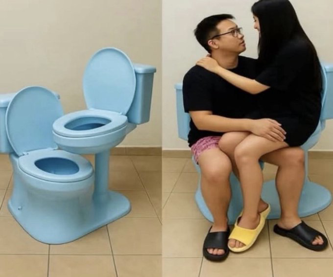 This is a two-panel side-by-side image. The left panel shows an unusual novelty light blue double toilet unit: two adjacent toilet seats of different heights are mounted on a single shared base, designed to let two people sit facing each other while using the toilet. The right panel shows a real young couple using the toilet as an intimate seating spot: a man with glasses wearing a black t-shirt, pink shorts, and black slippers sits on the lower seat, while a woman with long black hair in a black dress and yellow slippers sits on the higher seat, straddling the man's lap, wrapping her arms around his neck as they gaze at each other affectionately. The humor comes from the absurdity of a toilet, which is typically a private, unromantic object, being repurposed (or used as intended by the weird product design) as a cute space for couple intimacy, creating a silly, awkwardly charming joke.