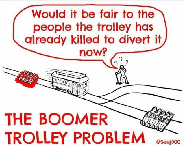 A meme illustration parodying the classic trolley problem, labeled 'THE BOOMER TROLLEY PROBLEM'. It depicts a trolley that has already run over several people (shown as red blobs on the track) approaching a switch. A confused character (presumed to be a 'boomer') stands at the switch, with a speech bubble asking, 'Would it be fair to the people the trolley has already killed to divert it now?'. The humor lies in subverting the original trolley problem by introducing victims already killed, questioning the logic of diverting the trolley after harm is done, satirizing boomer-style overthinking or misplaced priorities.