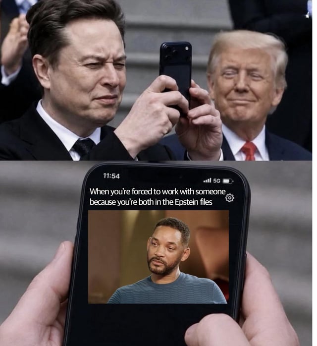 This is a two-panel collage meme. The top panel features a real photograph of Elon Musk squinting while holding up a smartphone to take a picture, with Donald Trump standing behind him wearing a smug smile. The bottom panel shows a close-up of a smartphone screen displaying a popular reaction meme of Will Smith looking tired and unamused, overlaid with text that reads 'When you're forced to work with someone because you're both in the Epstein files'. The joke uses widespread public discourse around the released Jeffrey Epstein associate files that included multiple high-profile public figures, implying Musk and Trump are forced to interact with each other because they share the common association of being named in those files, matching the exasperated sentiment of the Will Smith reaction image.