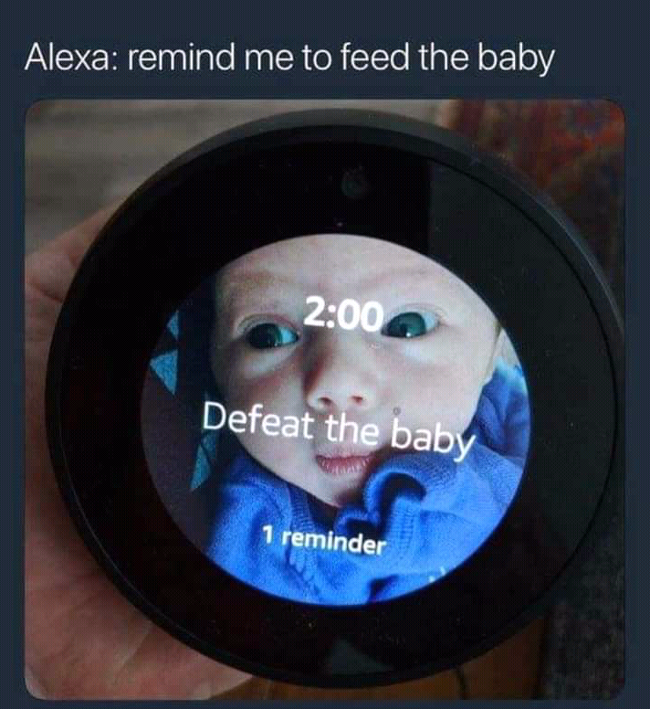 This is a humorous meme showing a common voice recognition error from Amazon's Alexa smart display. A user asked Alexa to set a reminder that says 'remind me to feed the baby', but Alexa misheard the request and incorrectly created a reminder scheduled for 2:00 that reads 'Defeat the baby'. The coincidence that the baby's own photo is the background on the Alexa display, with the baby staring directly at the viewer, makes the accidental darkly humorous error even funnier.