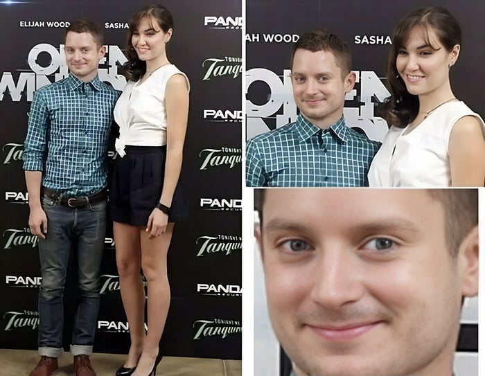 A collage consisting of three sections. The left section is a full-body photograph of two individuals identified as Elijah Wood and Sasha standing in front of a backdrop featuring 'PANDORA' and 'TANGO' logos. Elijah Wood wears a blue checkered shirt, jeans, and brown shoes; Sasha wears a white sleeveless top, black shorts, and black heels. The middle section is a closer crop of their upper bodies. The right section is an extreme close-up of Elijah Wood's face, emphasizing his eyes. All photos appear from a promotional event.