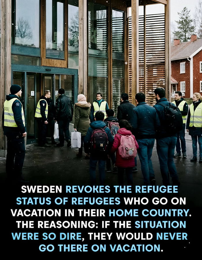 The image displays a scene of a refugee family group (including adults and children) interacting with uniformed officials in high-visibility vests outside a modern, wooden-framed building in a snowy, European-style setting. Below this visual, prominent overlaid text outlines a specific Swedish policy: the country revokes the refugee status of refugees who travel to their home country for vacation, with the official reasoning being that if the situation in their home nation was truly dangerous, they would not choose to visit it for leisure. The photograph contextualizes the policy by showing real-world interactions between refugees and authorities responsible for immigration processing.