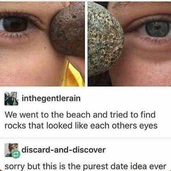This meme is a screenshot of a social media post featuring two side-by-side images: on the left, a person with brown eyes holds a dark, speckled rock against their face to match their eye color; on the right, another person with blue eyes holds a lighter, grey-speckled rock that matches their eye color. Below the images, the original poster (@inthegentlerain) shares: "We went to the beach and tried to find rocks that looked like each others eyes". A reply from user @discard-and-discover comments: "sorry but this is the purest date idea ever". The meme's charm comes from the incredibly wholesome, low-effort yet thoughtful intimate date activity, which resonates as a sweet, genuine gesture between partners, with no wordplay or puns—just a heartwarming moment highlighted by the commenter as a perfect example of a cute, simple date.