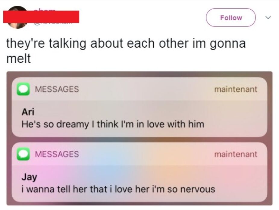 This image is a screenshot of an X (formerly Twitter) post that captures a very cute, wholesome moment. The original poster reacts to a pair of text messages by writing 'they're talking about each other im gonna melt'. The first text message is from Ari, who gushes 'He's so dreamy I think I'm in love with him' referring to Jay. The second text message is from Jay, who admits 'i wanna tell her that i love her i'm so nervous' referring to Ari. This reveals that Ari and Jay have mutual crushes on each other, with neither knowing the other reciprocates their feelings, creating an incredibly endearing, heartwarming situation.