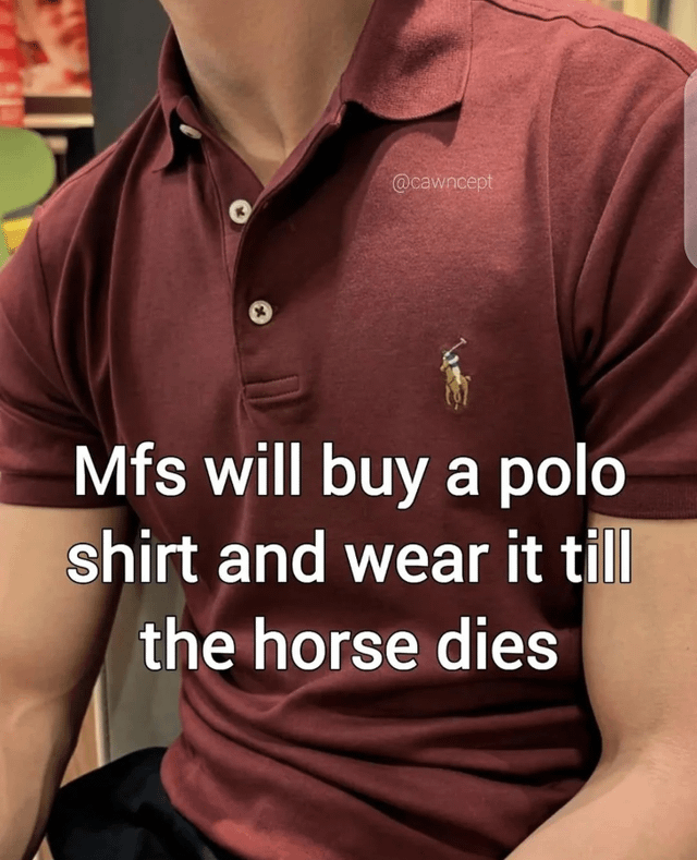 The image is a close-up shot of the upper torso of a person wearing a heavily worn maroon Ralph Lauren polo shirt. The shirt's signature embroidered logo of a polo player riding a horse is visibly faded from extensive long-term use. Large white overlaid text on the image reads: 'Mfs will buy a polo shirt and wear it till the horse dies'. The humor comes from personifying the faded logo, framing the wear on the embroidered horse as the animal having 'died' due to how frequently the shirt has been worn, referencing the common real-life observation that many polo shirt owners wear their shirts for years until the logo is almost completely worn away.
