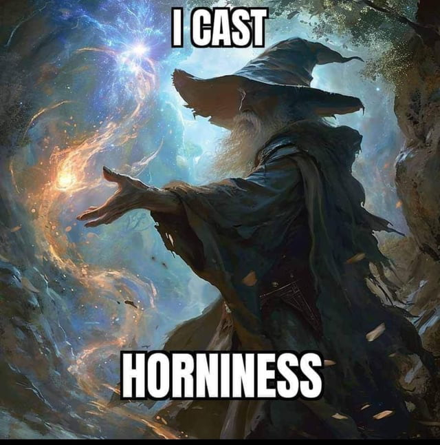 The meme displays a dramatic fantasy illustration of an elderly wizard wearing a tattered pointed hat and robes, facing away from the viewer while extending one hand outward to cast a spell. Swirling, glowing cosmic magical energy emanates from his outstretched hand. Bold white sans-serif text with black outlines is overlaid at the top and bottom of the image: the top text reads 'I CAST', and the bottom text reads 'HORNINESS'. The humor comes from the absurd juxtaposition of the epic, high-fantasy visual of a powerful wizard casting a grand, world-altering spell, paired with the silly, suggestive punchline that the spell being cast is inflicting sexual arousal on the target.