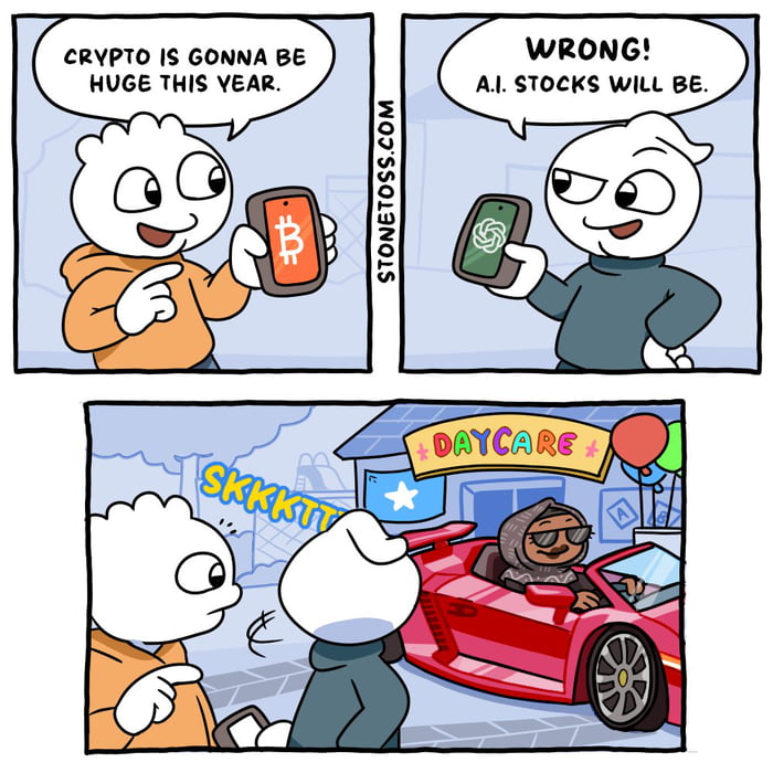 A three-panel comic meme featuring two white, animated characters debating financial trends: the first (in an orange hoodie) claims 'CRYPTO IS GONNA BE HUGE THIS YEAR' while holding a Bitcoin-logo phone, and the second (in a dark blue outfit) counters 'WRONG! A.I. STOCKS WILL BE.' with an AI-symbol phone. The third panel reveals both characters looking up at a person in a red sports car screeching to a halt (indicated by 'SKKKTT') outside a colorful 'DAYCARE' building, humorously implying daycare as the unhyped but successful venture.