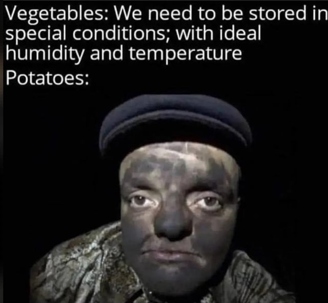 This is a single-panel reaction meme comparing the storage requirements of different vegetables. The top text first states that most vegetables require specific, controlled storage conditions with carefully regulated humidity and temperature to stay fresh. The text then cuts to the label 'Potatoes:', followed by an image of a person whose face is completely covered in dark dirt or soot, wearing a worn flat cap and grubby clothes, staring blankly at the viewer. The visual joke is that potatoes are famously hardy produce that do not need any special storage conditions, and can remain edible even when kept in rough, dirty, non-ideal environments, matching the unkempt, dirty appearance of the person in the reaction image.
