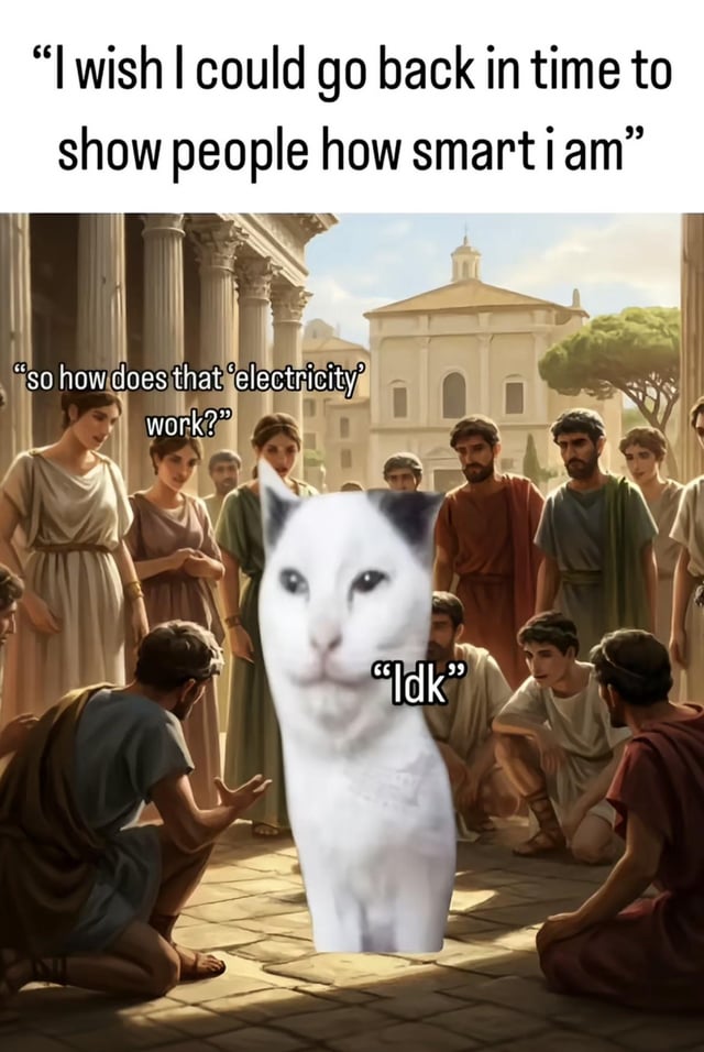 The meme consists of two main text sections and a central image. The top text reads, 'I wish I could go back in time to show people how smart i am,' setting up a boastful premise. The main image features a classical-style scene of ancient Romans (dressed in togas, gathered in a sunlit courtyard with columns and a domed building in the background) surrounding a white cat with a neutral expression. Superimposed text from the Romans asks, 'so how does that 'electricity' work?' and the cat responds with 'Idk' (I don't know). The humor arises from the contrast between the cat's initial claim of intelligence and its inability to explain a basic modern concept when challenged.