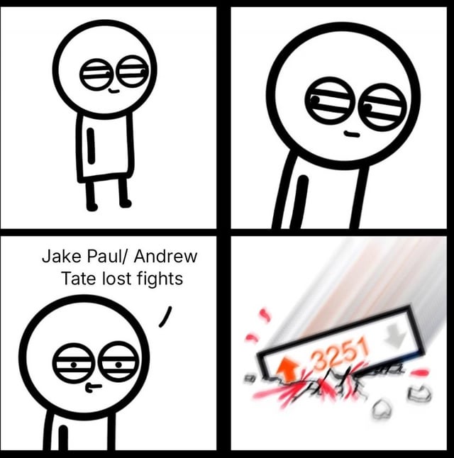 A 2x2 panel meme featuring a simple stick figure with a round head and neutral expression in three panels, and a fourth panel showing a broken stock price indicator displaying '3251' with an upward arrow, surrounded by cracks and red marks. The bottom-left panel contains the text 'Jake Paul/ Andrew Tate lost fights'.