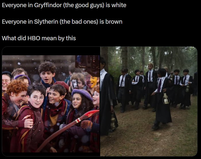 This meme is a side-by-side comparison that calls out problematic racial coding in the casting of HBO's new Harry Potter television series. The left panel shows the mostly white cast of Gryffindor (framed as the 'good guys' house), while the right panel shows the majority non-white (brown/Black) cast of Slytherin (framed as the 'bad guys' house) from the new HBO production. The overlaid text points out this casting pattern and asks 'What did HBO mean by this', criticizing the harmful stereotype of associating villainy with non-white characters. The original 9Gag post had a sarcastic title 'Finally! A show about magic that is grounded in reality', which mocks this problematic casting choice rather than praising the show.
