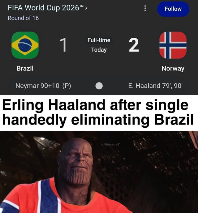 The meme is split into two sections: the top section is a mock 2026 FIFA World Cup Round of 16 scoreboard, showing that Norway defeated Brazil 2-1 at full time. Erling Haaland is listed as scoring both of Norway's goals in the 79th and 90th minutes, while Neymar scored a late penalty for Brazil in the 10th minute of stoppage time. Below the scoreboard, bold text reads 'Erling Haaland after single handedly eliminating Brazil', followed by an edited image of the Marvel Cinematic Universe character Thanos, who has been edited to wear a Norway national football team jersey and has a smug, triumphant expression, used to jokingly frame Haaland as an overwhelmingly powerful, almost superhuman player capable of beating one of the most successful national football teams in the world single-handedly.