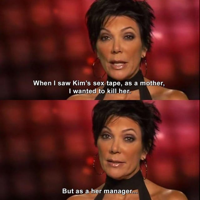 This is a two-panel pop culture meme made for Mother's Day, featuring reality star Kris Jenner from *Keeping Up with the Kardashians* in a confessional interview shot against a red bokeh background. The first panel displays text: 'When I saw Kim's sex tape, as a mother, I wanted to kill her.', paired with Kris's stern expression. The second panel shows the same shot of Kris with a subtly smug, pleased expression, with text: 'But as a her manager...'. The joke leans into the widely discussed public narrative that Kris Jenner acts both as a protective mother and an ambitious career manager for her children, implying she saw the financial and fame potential of Kim Kardashian's 2007 sex tape despite her initial parental anger. The typo 'a her' in the second line of text is preserved as it appears in the original meme.