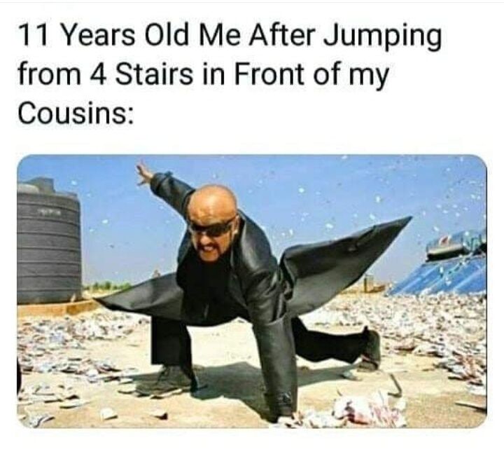 This relatable nostalgic meme jokes about the exaggerated feeling of being an 11-year-old child who just jumped down four stairs in front of their cousins, feeling like an extreme action hero after pulling off this small mundane stunt. The meme uses an over-the-top image of a bald man in a split leather trench coat striking an intense dramatic action pose in a debris-strewn area after an explosion to perfectly embody that overblown sense of being a total badass after a tiny childhood trick.