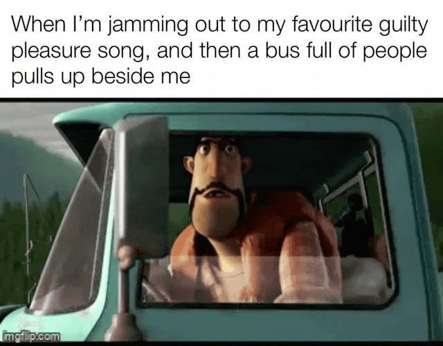 The animated meme depicts a truck driver first enthusiastically singing along to music while driving, then suddenly noticing a bus full of people has pulled up next to him, instantly switching to an awkward, neutral expression and pretending he was not singing, cycling between these two reactions. The accompanying caption reads 'When I'm jamming out to my favourite guilty pleasure song, and then a bus full of people pulls up beside me', perfectly capturing the universally relatable feeling of embarrassment when caught enjoying a song you would not want others to know you like in a public setting.