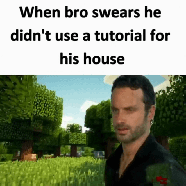 The meme is divided into two sections: the top section displays bold black text stating 'When bro swears he didn't use a tutorial for his house', and the bottom section features a real human male standing in a Minecraft-style environment characterized by blocky, pixelated green trees and a bright blue sky. The man has a skeptical, unimpressed expression, likely intended to convey disbelief towards someone claiming they constructed a Minecraft house without relying on a tutorial.