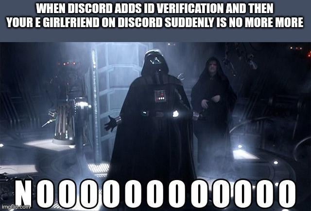 This meme uses the iconic dramatic scene from *Star Wars: Episode VI - Return of the Jedi* where Darth Vader screams "NOOOOOO" to satirize a common internet fear. The top text reads **"WHEN DISCORD ADDS ID VERIFICATION AND THEN YOUR E GIRLFRIEND ON DISCORD SUDDENLY IS NO MORE MORE"**, and the bottom text is an elongated "NOOOOOOOOOOO". The joke leans into the online trope of "e-girls"—romantic partners met on Discord who may use fake identities: mandatory ID verification would expose these fake personas, causing the partner to vanish. The humor comes from pairing the over-the-top, despairing reaction of Darth Vader with the relatable (exaggerated) internet experience of losing an online connection due to platform policy changes. The typo "no more more" emphasizes the total disappearance of the e-girl.