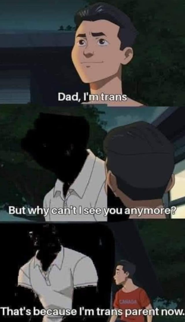 This is a three-panel animated meme centered on a pun involving the word 'trans'. 

1. **Panel 1**: A young animated character speaks to his father, saying 'Dad, I'm trans'.
2. **Panel 2**: The father appears as a dark, almost invisible silhouette, asking 'But why can't I see you anymore?'.
3. **Panel 3**: The father delivers the punchline: 'That's because I'm trans parent now.', combining the prefix 'trans' with 'transparent' to create a silly, wordplay-based joke about being 'see-through'.