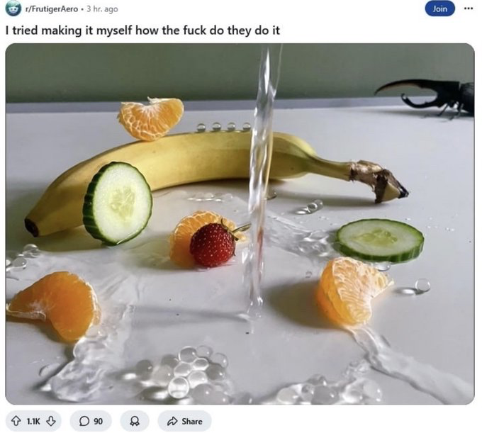 This is a screenshot of a Reddit post from the r/FrutigerAero subreddit. The main visual shows a user's amateur attempt at creating content in the Frutiger Aero aesthetic: a whole yellow banana lies horizontally on a clean white surface, with cucumber slices, peeled tangerine segments, and a single strawberry arranged around it. Water pours from above onto the surface, creating puddles and scattered glossy water droplets characteristic of the aesthetic, and a large stag beetle is partially visible in the far right background. The post caption expresses the creator's frustration at being unable to replicate the polished look of professional Frutiger Aero artwork. Reddit UI elements show the post had 1.1k upvotes and 90 comments at the time the screenshot was taken.