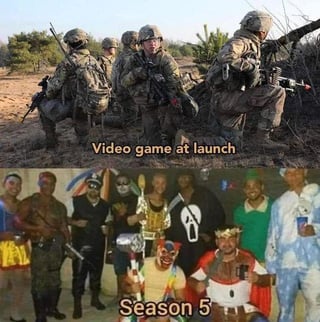 A two-panel meme comparing video game launches to later seasons. The top panel shows serious soldiers in military gear crouching and holding weapons, labeled 'Video game at launch.' The bottom panel features a chaotic group of people in various costumes (including a clown, a person in a black robe with a white mask, and others) posing together, labeled 'Season 5.' The meme humorously contrasts the initial seriousness of a game launch with the more chaotic, varied content of later seasons.