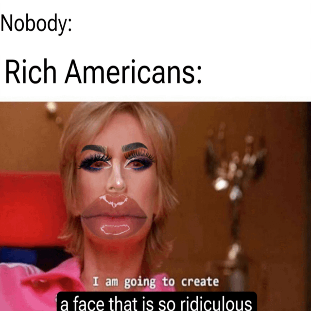 This is a classic "Nobody:" format internet meme that satirizes excessive unnecessary plastic surgery among wealthy Americans. The meme opens with "Nobody:" meaning no one asked for or requested this outcome, followed by labeling the group "Rich Americans:", then displays an edited image of a reality TV woman with extremely overdone cosmetic features: massively overdrawn eyebrows, giant false eyelashes, extreme contouring, and comically oversized overfilled lips. The overlaid subtitle on the image reads "I am going to create / a face that is so ridiculous", which acts as the perfect punchline, reinforcing the meme's joke that rich Americans often get extreme unnecessary cosmetic procedures that result in an unnatural, absurd looking face.