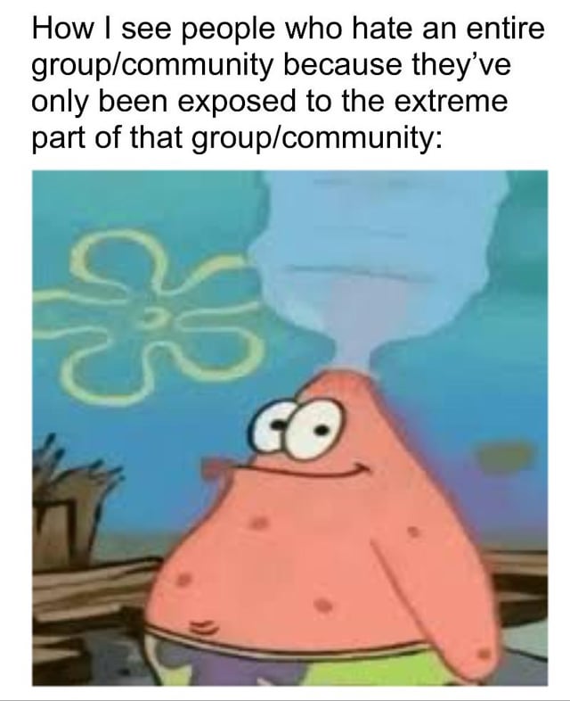 A meme featuring a screenshot of Patrick Star from the animated series SpongeBob SquarePants. Patrick is depicted with an amused expression, wide eyes, and a cloud-like steam emerging from the top of his head. Above the image, there is a text caption that reads: 'How I see people who hate an entire group/community because they’ve only been exposed to the extreme part of that group/community:'. The meme uses Patrick's simplistic and naive demeanor humorously to critique the act of forming negative judgments about entire groups based solely on exposure to their most extreme members.