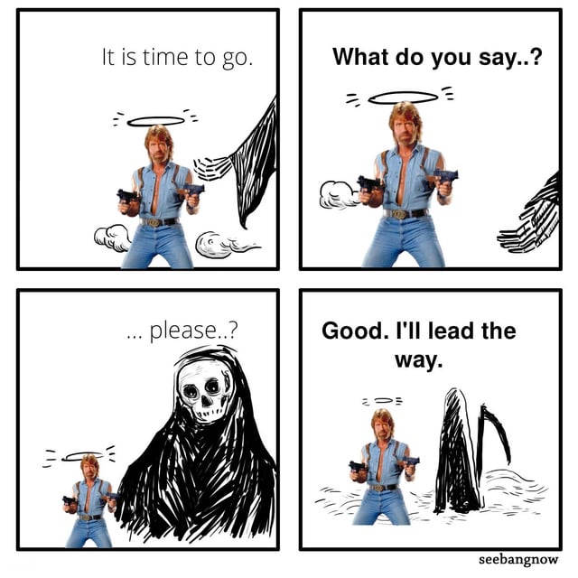 This is a 4-panel meme comic that plays on the decades-old popular internet trope of "Chuck Norris facts", which exaggerate Chuck Norris's toughness to superhuman levels. In the first panel, the Grim Reaper (personification of death) comes to collect Chuck Norris, who has a halo showing he is deceased, saying "It is time to go." In the second panel, Death asks "What do you say..?" waiting for Chuck's response. In the third panel, the dynamic flips: Chuck remains armed and intimidating, while the Grim Reaper is now the one nervously pleading "...please..?". In the final panel, Chuck says "Good. I'll lead the way." and the intimidated Grim Reaper walks ahead of him to the afterlife, flipping the expected trope of Death coming for a human.