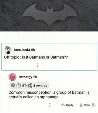 The image features a faded grey Batman logo at the top, followed by a screenshot of two Reddit comments. The first comment, posted by user Icecubed3, asks an off-topic question: if the plural of Batman is 'Batmans' or 'Batmen'. The second comment, a reply from user Itsthatgy that received 5 Reddit awards, gives a dark humorous punchline: it claims a common misconception exists, and a group of Batman is actually called an orphanage. The joke references the well-known DC Comics canon that Bruce Wayne / Batman became an orphan as a child after his parents were murdered, making the reply an edgy, savage joke that plays on this core part of the character's backstory.