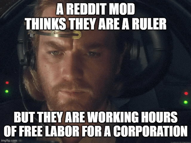 An image macro meme featuring a screenshot of Luke Skywalker from the Star Wars film series. The character is shown sitting in a cockpit, wearing a headset with a serious and focused expression. Overlaid text reads: 'A REDDIT MOD THINKS THEY ARE A RULER BUT THEY ARE WORKING HOURS OF FREE LABOR FOR A CORPORATION'. The meme satirizes Reddit moderators, suggesting they perceive themselves as authoritative figures ('rulers') while实际上 performing unpaid labor for Reddit, a corporate entity.