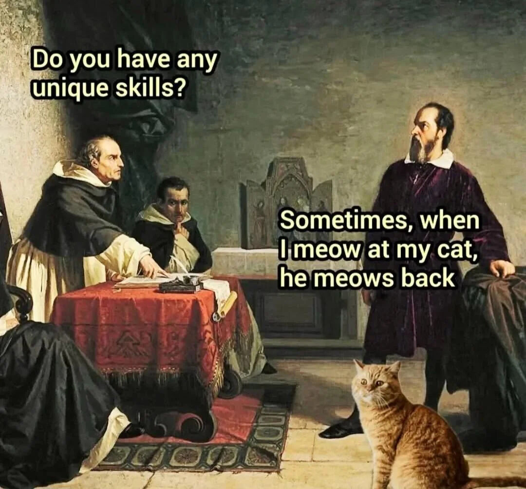 This meme edits a classical oil painting to create a humorous job interview scene. Two men on the left are framed as job interviewers asking the question 'Do you have any unique skills?', while the standing man on the right (the interviewee) responds with a silly, mundane answer: 'Sometimes, when I meow at my cat, he meows back'. A real ginger cat is superimposed into the foreground of the classical painting to lean into the cat-themed joke. The humor comes from contrasting the formal, high-stakes setting of a job interview (where candidates are expected to list impressive professional skills) with a completely useless, relatable little quirk that most cat owners have experienced.