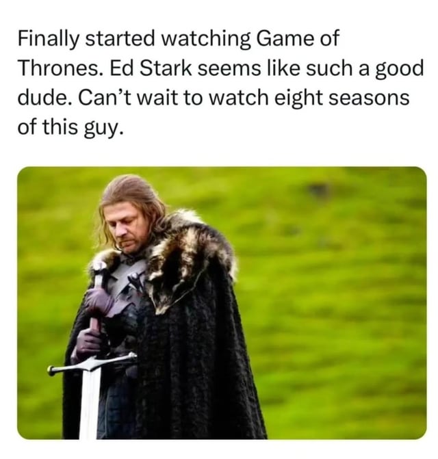 This is a humorous ironic meme referencing the TV series Game of Thrones. The text at the top of the meme reads "Finally started watching Game of Thrones. Ed Stark seems like such a good dude. Can’t wait to watch eight seasons of this guy." Below the text is a canonical screenshot of Eddard (nicknamed Ned/Ed) Stark from season 1 of Game of Thrones: he stands in front of a bright green grassy field, holding his greatsword with both gloved hands, wearing heavy Northern armor and a fur-lined black Stark cloak, with a somber, serious expression looking down at his sword. The core joke relies on dramatic irony: established Game of Thrones fans know that Ned Stark, the apparent lead character, is abruptly killed off at the end of season 1, so the new viewer's expectation of seeing him for 8 full seasons is completely unfulfilled.