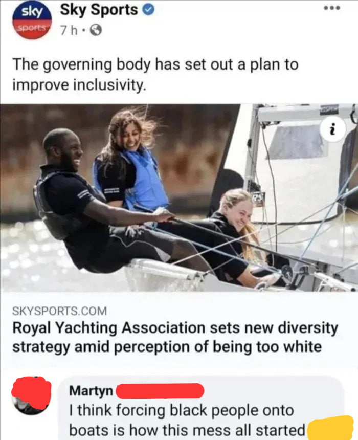 A screenshot of a Sky Sports social media post announcing the Royal Yachting Association's new diversity strategy to improve inclusivity, accompanied by a photo of three smiling individuals (two women and one man) on a sailboat. Below the post, a user comment from 'Martyn' adds a darkly humorous and satirical reference to historical forced transportation of Black people, contrasting the modern inclusivity effort with a tragic historical context.