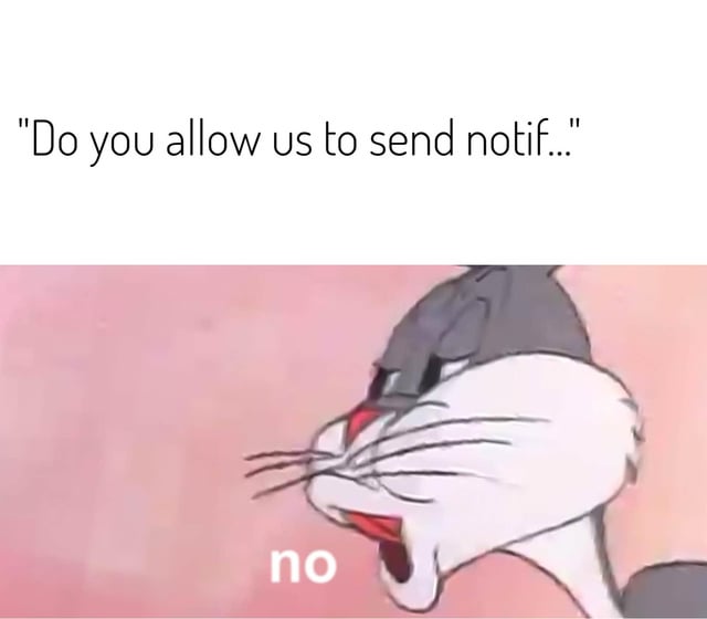 This is a relatable meme joking about the common annoying practice of modern mobile apps constantly asking users to enable push notifications. The top text shows the app's cut-off permission request: "Do you allow us to send notif...", and the bottom section uses the yelling Bugs Bunny meme template to display an immediate, emphatic user response of "no", reflecting most people's automatic negative reaction to these spammy permission requests.
