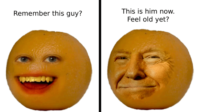A two-panel meme featuring an orange fruit edited to have anthropomorphic facial features. The left panel displays a 'young' orange with a wide, toothy grin and large, round eyes, accompanied by the text 'Remember this guy?'. The right panel shows the same orange appearing 'aged,' with visible wrinkles, half-closed eyes, and a subtle, weary smile, paired with the text 'This is him now. Feel old yet?'. The meme humorously uses the orange's transformation to personify the passage of time, playing on the common phrase 'time flies' to evoke nostalgia and lighthearted self-deprecation about aging.
