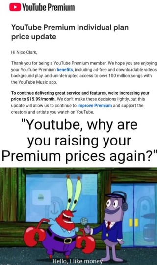 This meme reacts to YouTube's official announcement of a YouTube Premium subscription price hike. The top half shows an official email notification to a user informing them that the individual plan price is increasing to $15.99 per month, followed by the frustrated common user question "Youtube, why are you raising your Premium prices again?". The bottom half uses the famous SpongeBob SquarePants meme of an interview asking Mr. Krabs, who bluntly replies "Hello, I like money". The meme satirizes that YouTube's price increase is purely motivated by corporate greed for more profit, perfectly matching the widespread user sentiment of wanting to cancel subscriptions after the price hike.