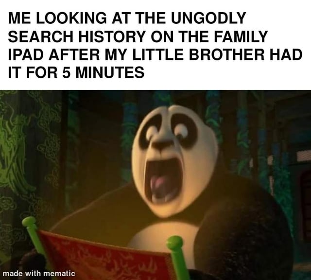 This meme consists of two parts: bold black text at the top reads 'ME LOOKING AT THE UNGODLY SEARCH HISTORY ON THE FAMILY IPAD AFTER MY LITTLE BROTHER HAD IT FOR 5 MINUTES'. Below the text is a still frame from the animated movie Kung Fu Panda, showing the character Po the panda holding a scroll with his mouth wide open in a horrified, shocked expression, as if he is reading the shocking search history mentioned, with the scroll acting as a stand-in for the family iPad. A 'made with mematic' watermark is present in the bottom left corner. The humor comes from the relatable experience of finding weird, inappropriate, or deeply unexpected search history left by young siblings on shared family devices after only a short period of use.
