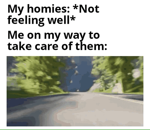 The meme is split into text and visual sections. The top text first states "My homies: *Not feeling well*", then follows with "Me on my way to take care of them:". Below the text is a heavily motion-blurred first-person perspective shot of driving down a paved road flanked by green trees. The extreme motion blur humorously implies the poster is traveling at very high speed to reach their sick friends as quickly as possible, highlighting loyalty, care, and eagerness to support close friends in a lighthearted way.