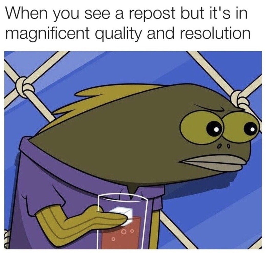 The meme consists of a top text caption paired with a cartoon image. The caption reads "When you see a repost but it's in magnificent quality and resolution". The image below shows a greenish-yellow fish character from the animated series SpongeBob SquarePants wearing a purple polo shirt, holding a glass of iced red beverage, with a blank, conflicted, unimpressed expression on its face. The background features a net railing over blue, representing an outdoor seating area at the Krusty Krab. The meme jokes about the common conflicting feeling internet users experience when they encounter a reposted meme they have already seen, but the repost is in much higher quality than previous versions they viewed.