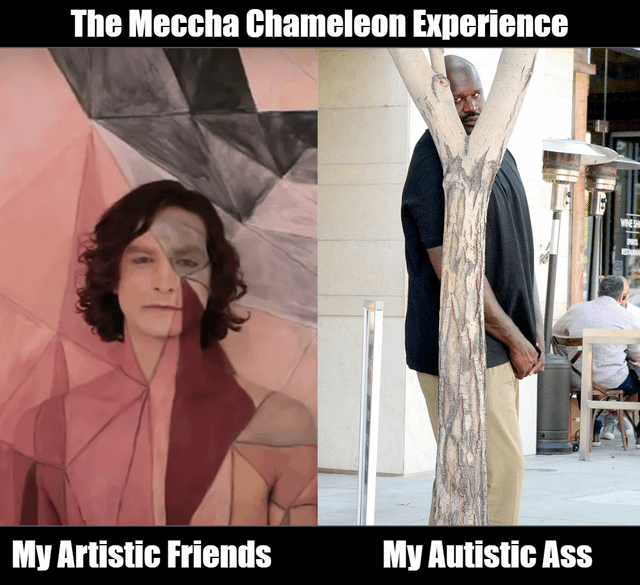 This is a two-panel comparison meme titled 'The Meccha Chameleon Experience' at the top. The left panel, labeled 'My Artistic Friends' at the bottom, features the Meccha Chameleon meme character, a humanoid figure with geometric color blocking across its face and body that perfectly matches the pink, grey, and light brown abstract geometric background behind it, showcasing seamless camouflage as expected of a chameleon. The right panel, labeled 'My Autistic Ass' at the bottom, features a widely circulated viral photo of former basketball player Shaquille O'Neal standing behind a thin, forked tree trunk. The trunk is positioned to perfectly sit between his legs, with the two upper branches of the tree flanking either side of his face, making it look like he is awkwardly and obviously attempting and failing to hide behind the small tree. The joke draws a humorous, self-deprecating comparison between artistic people who can seamlessly blend into social or aesthetic contexts, and the meme creator (identifying as autistic) who makes clumsy, obvious attempts at blending in that are visible to everyone.