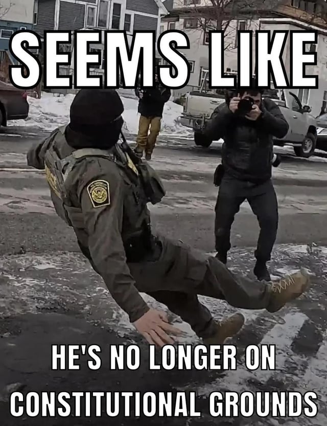 A meme image featuring a real photograph of an ICE (U.S. Immigration and Customs Enforcement) officer in uniform slipping on an icy street. The officer, dressed in a dark green uniform with a badge on the sleeve, is captured mid-fall: one leg is raised, arms are outstretched for balance, and he appears to be losing his footing on the snow-covered pavement. In the background, there are other individuals (possibly bystanders or photographers) and parked vehicles, with residential houses visible. The image includes a bold white text overlay at the top and bottom, reading: 'SEEMS LIKE HE'S NO LONGER ON CONSTITUTIONAL GROUNDS'—a pun that plays on the officer physically slipping (no longer on solid ground) and the legal term 'constitutional grounds' (a basis in law).