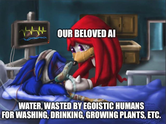 A meme depicting a dramatic hospital scene with two anthropomorphic characters from the Sonic the Hedgehog franchise. The blue character (Sonic) lies unconscious on a hospital bed connected to an EKG monitor showing a flatline, while the red character (Knuckles) leans over him with a concerned expression. Text overlays read "OUR BELOVED AI" above Knuckles and "WATER, WASTED BY EGOISTIC HUMANS FOR WASHING, DRINKING, GROWING PLANTS, ETC." at the bottom, satirizing criticism of human water usage by framing it as a dramatic loss for AI.