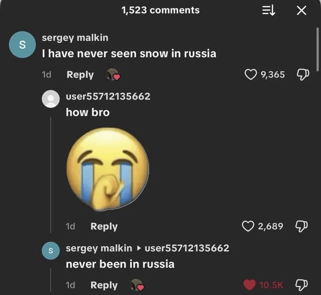 This image is a screenshot of a three-part social media comment exchange. The first comment from user sergey malkin states 'I have never seen snow in russia', which reads as absurd at first because Russia is widely stereotyped as a country with frequent, heavy snowfall. A second user replies with 'how bro' paired with a crying laughing emoji holding its nose, expressing confused amusement at the first claim. Sergey then replies with the deadpan punchline: 'never been in russia', revealing his original statement is completely logically true, as he has never traveled to or lived in Russia at all. The joke relies on the audience's initial assumption that the first poster lives in Russia, making the simple explanation humorous.