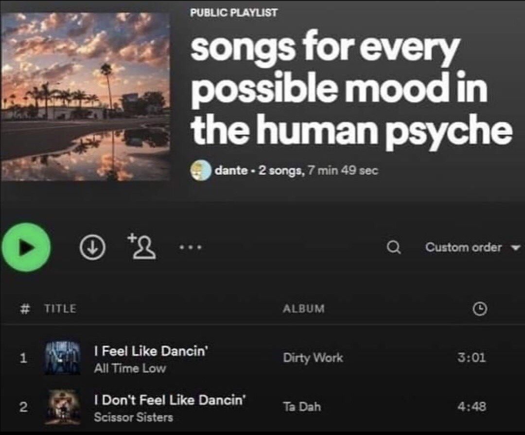 This is a screenshot of a Spotify public playlist with an extremely overpromising title claiming it contains 'songs for every possible mood in the human psyche'. The comedic punchline comes from the fact that the playlist only contains two songs with directly opposing themes: the first is All Time Low's 'I Feel Like Dancin'', and the second is Scissor Sisters' 'I Don't Feel Like Dancin', with a total runtime of only 7 minutes and 49 seconds. The playlist's grand, sweeping claim is absurdly undercut by its tiny, binary set of content that only addresses whether someone wants to dance or not, rather than the full range of human emotions.
