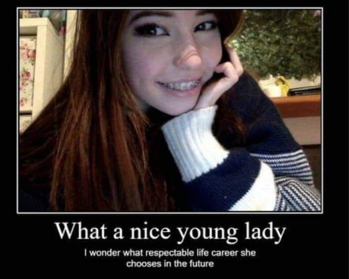 The image features a young woman with long brown hair, braces, and a smiling expression, wearing a navy and white striped sweater. She is resting her chin on her hand in a relaxed pose. Below the image, there is a text overlay that reads: 'What a nice young lady I wonder what respectable life career she chooses in the future'. The overall tone is wholesome and curious, inviting speculation about the subject's future career path.