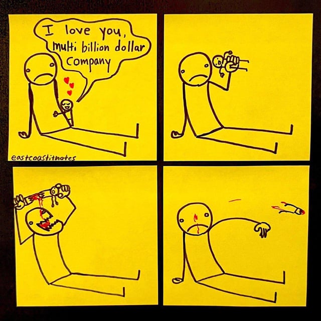 A four-panel comic drawn on yellow sticky notes featuring stick figures. Panel 1: A large stick figure sits with a small stick figure in its hand, saying 'I love you, multi billion dollar Company' with red hearts near the small figure. Panel 2: The large figure holds the small figure. Panel 3: The large figure aggressively crushes the small figure, resulting in blood splatter. Panel 4: The large figure sits with a sad expression, blood on its face, as the small figure (now a small red blur) flies away. A watermark 'eastcoastlinotes' is present in the bottom left of the first panel.