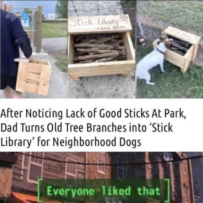This is a wholesome collage meme that shows a 3-panel sequence of a custom "Stick Library" built at a local park. A dad created this library after noticing there were not enough good sticks for neighborhood dogs to play with, stocking the wooden box with cleaned old tree branches with a request to return sticks after use. The final panel shows a dog already digging through the box to pick out a stick. At the bottom, the popular The Elder Scrolls V: Skyrim meme text "Everyone liked that" is added as a positive reaction to the kind project.