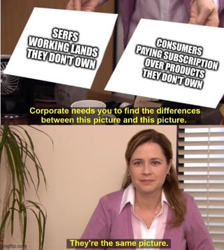 This meme uses the popular 'They're the same picture' format originating from The Office (US). It presents two text cards: the first reads 'SERFS WORKING LANDS THEY DON'T OWN', the second reads 'CONSUMERS PAYING SUBSCRIPTION OVER PRODUCTS THEY DON'T OWN'. The prompt text says 'Corporate needs you to find the differences between this picture and this picture', and Pam from The Office replies 'They're the same picture.' The joke draws a parallel between feudal serfdom where serfs worked land they never owned, and modern subscription-based business models where consumers endlessly pay to access products and content they never actually own, arguing the two systems have the same core dynamic.