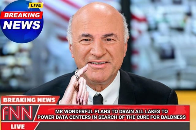 This is a satirical edited meme framed as a live breaking news broadcast. It features public figure Kevin O'Leary (nicknamed "Mr. Wonderful" from the show Shark Tank), a bald businessman, sitting in a news studio with a smug, scheming expression, his hand resting on his chin. A fake news ticker at the bottom of the screen reads "MR WONDERFUL PLANS TO DRAIN ALL LAKES TO POWER DATA CENTERS IN SEARCH OF THE CURE FOR BALDNESS", exaggerating O'Leary's public persona as a blunt, hyper-capitalist entrepreneur to cartoon super villain levels, joking that he would carry out absurdly destructive, unethical acts on a global scale just to cure his own baldness. Standard live breaking news graphics appear in the top left and bottom of the frame, attributed to the fake "FNN" network.